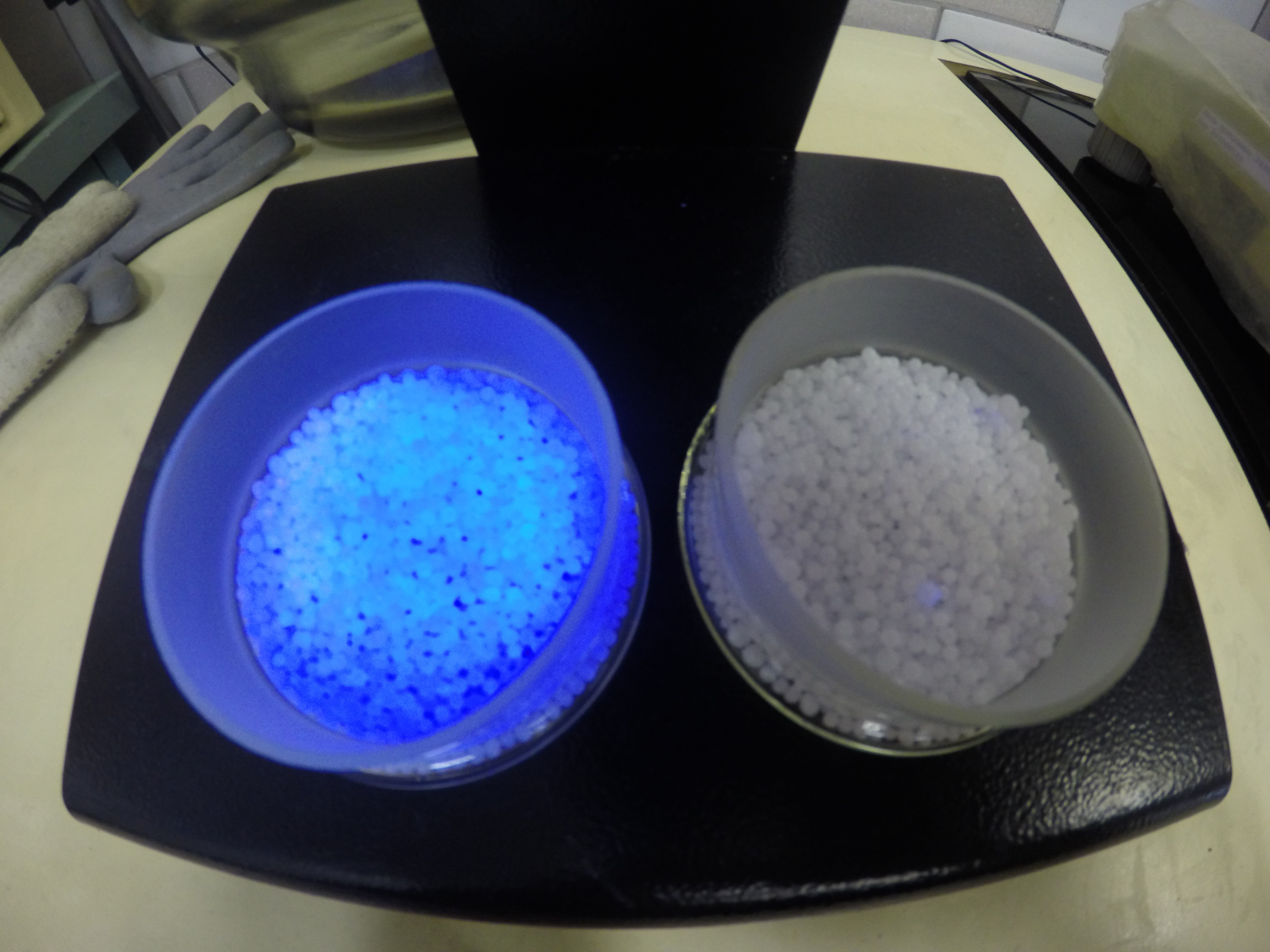 在紫外光照射下，有涂层的颗粒呈蓝色(左)，未涂层的颗粒无颜色(右)